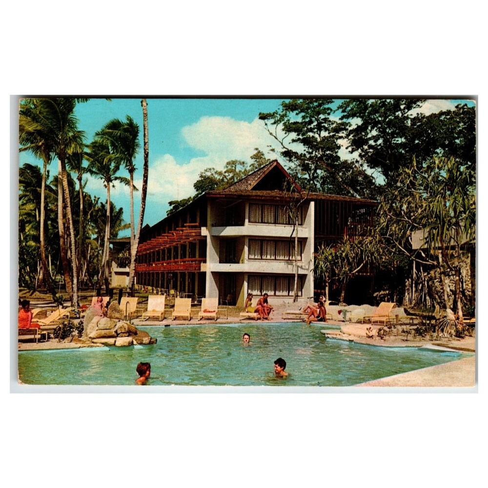 Vintage "The Fijian" Yanuca Island Resort Postcard - Tropical Fiji Pool Scene